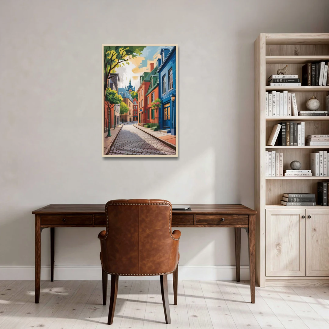 Quebec City Cobblestone Road - Oak Framed Canvas Wall Art - Office - 24x36