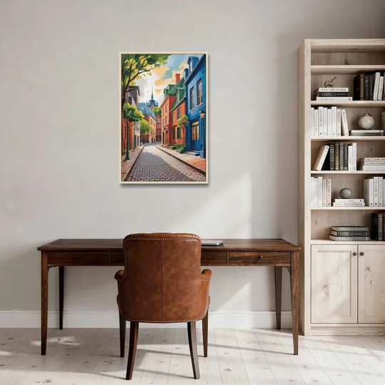 Quebec City Cobblestone Road - Oak Framed Canvas Wall Art - Office - 24x36