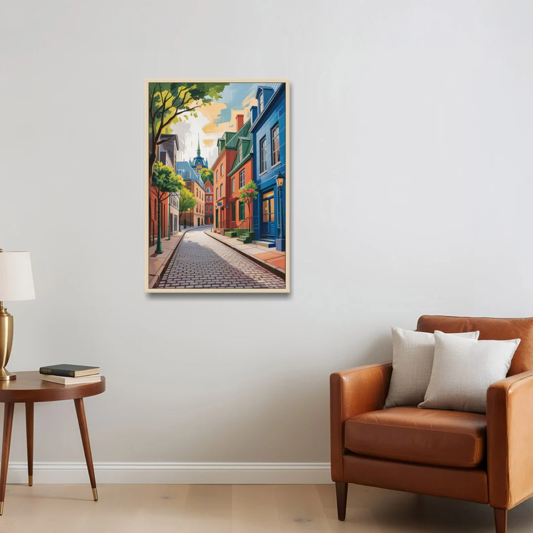 Quebec City Cobblestone Road - Oak Framed Canvas Wall Art - Sofa - 24x36