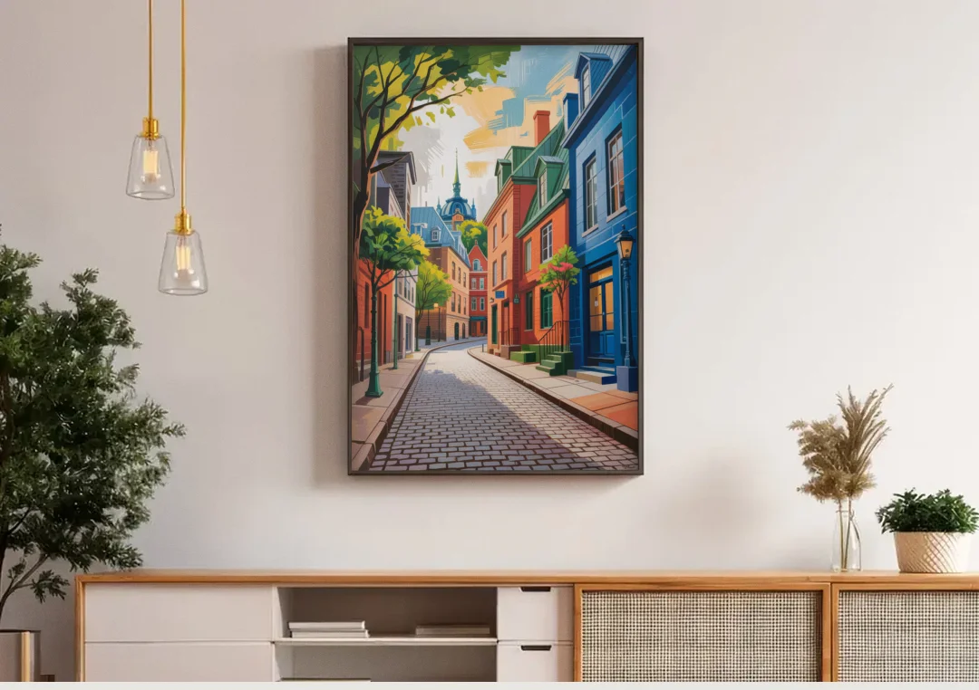 Quebec City Cobblestone Road canvas wall art above a wooden sideboard under pendant lights