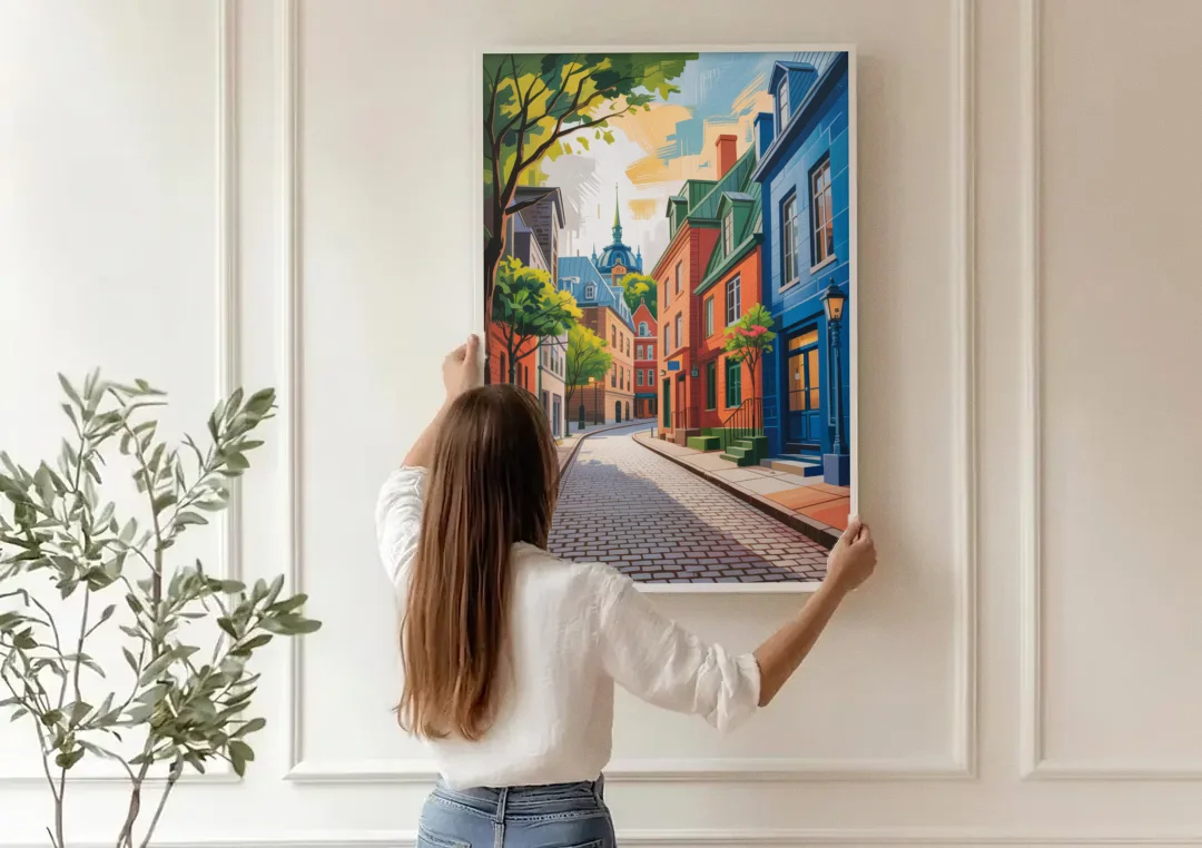 Quebec City Cobblestone Road canvas wall art being hung on a paneled wall