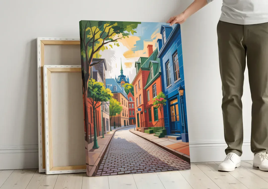 Quebec City Cobblestone Road canvas wall art leaning against a wall next to blank canvases