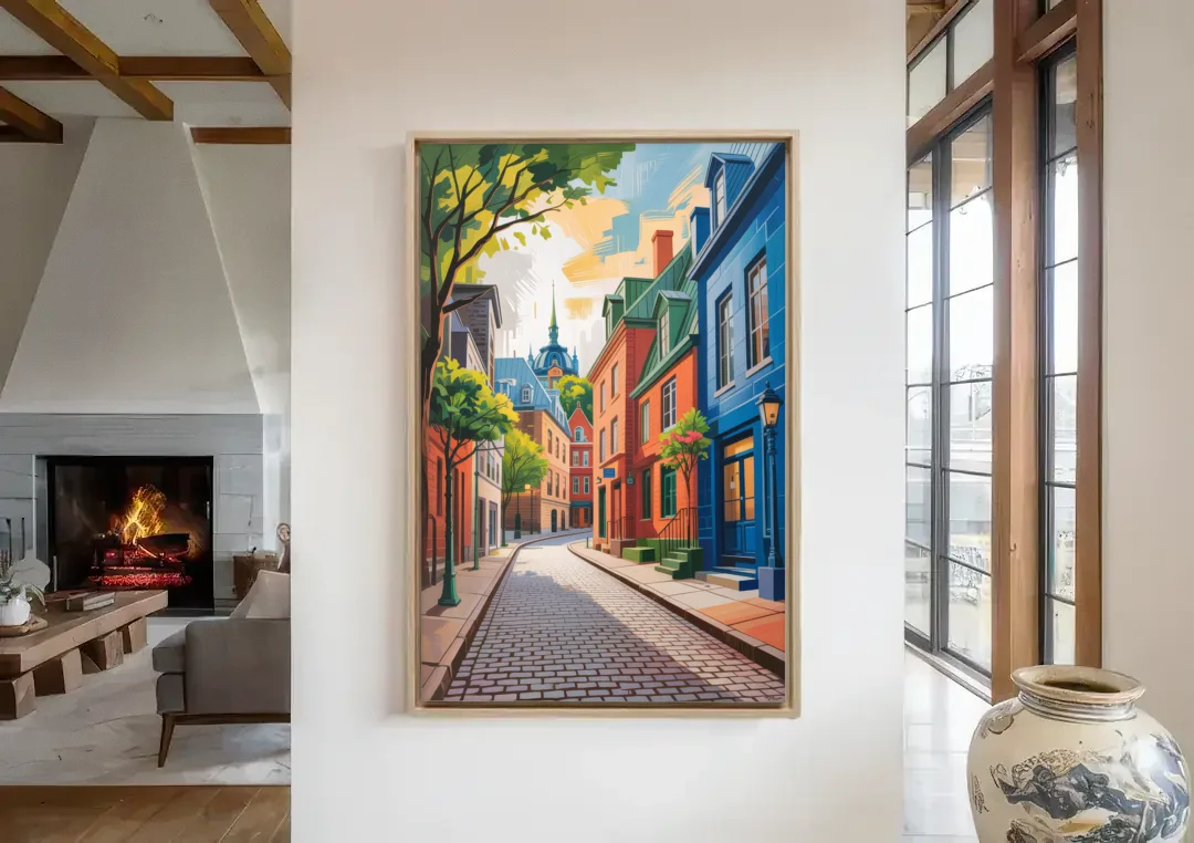 Quebec City Cobblestone Road canvas wall art in a living room with a fireplace