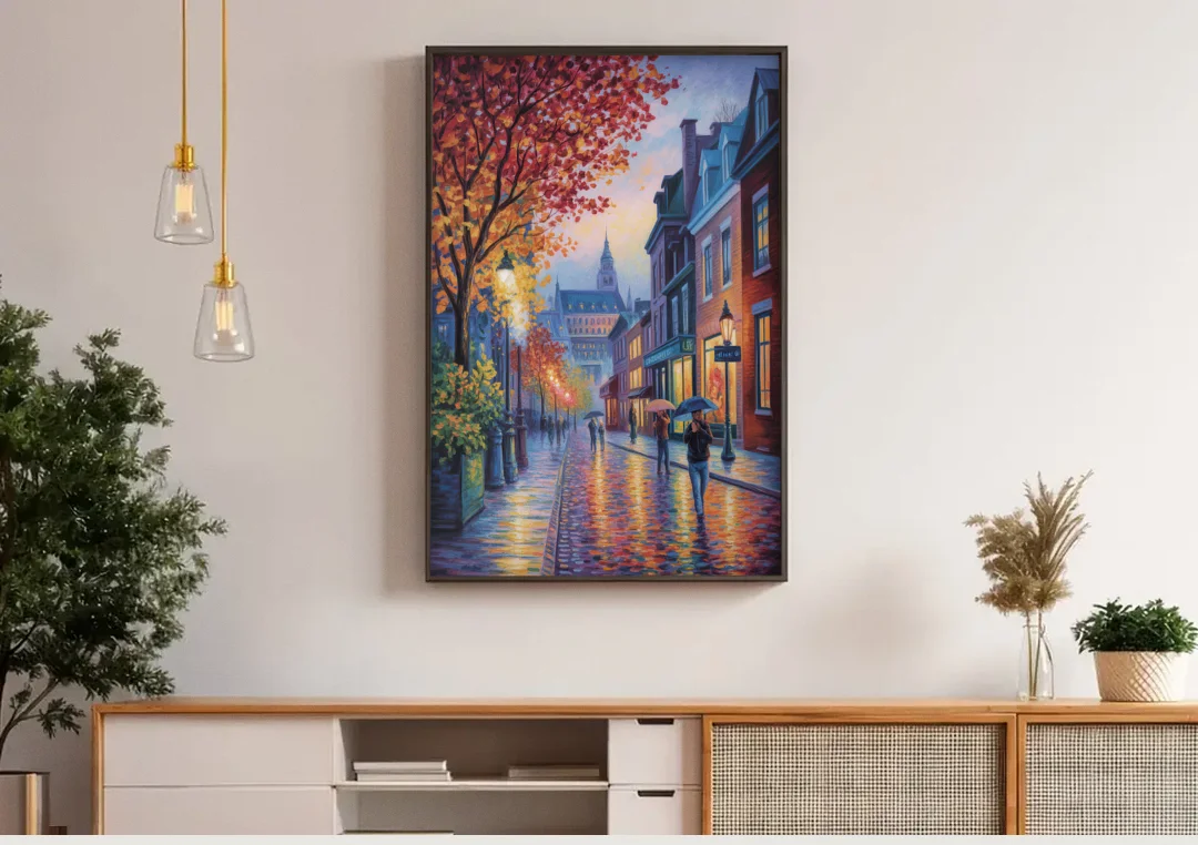 Quebec City in Autumn canvas wall art above a wooden sideboard under pendant lights