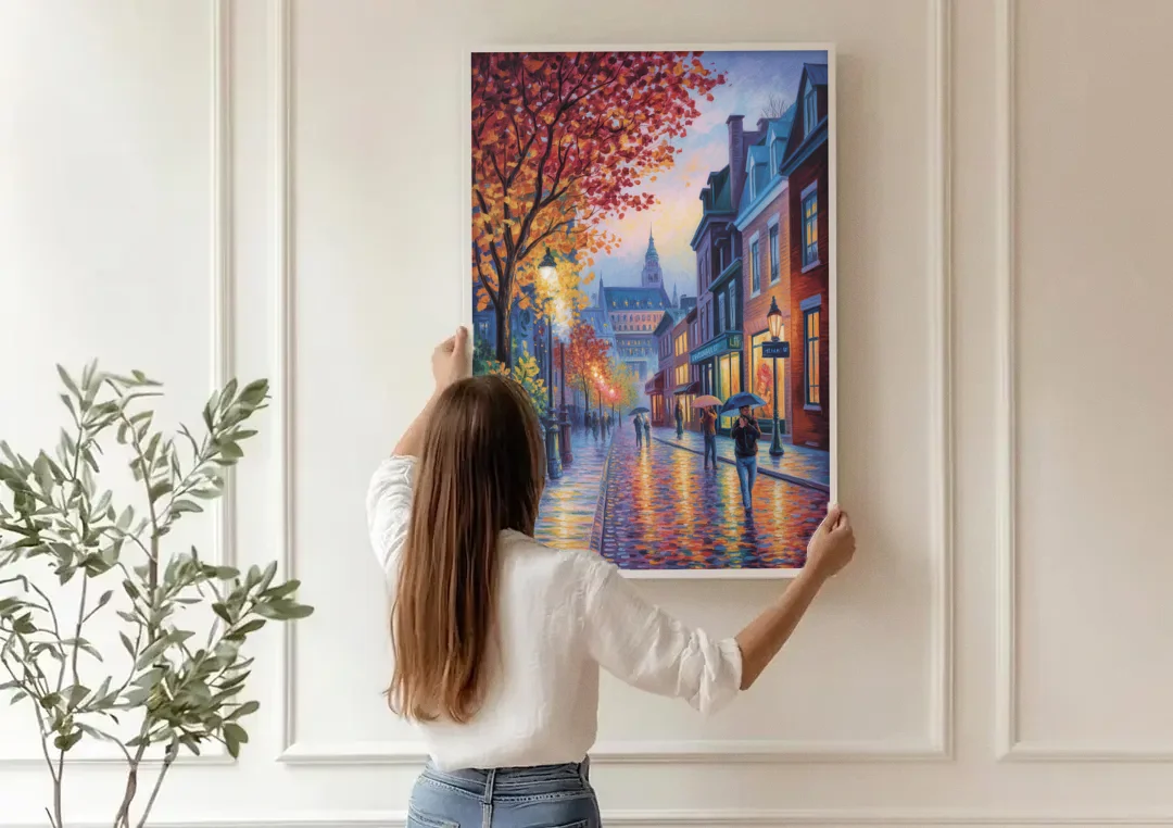 Quebec City in Autumn canvas wall art being hung on a paneled wall