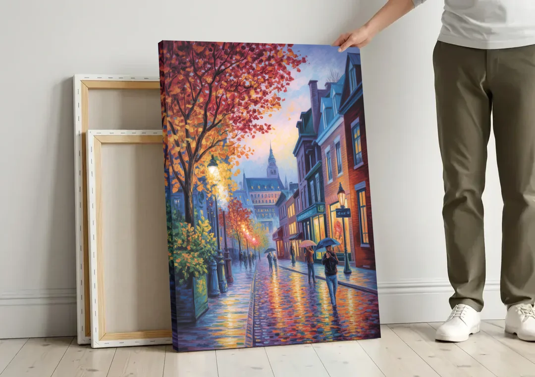 Quebec City in Autumn canvas wall art leaning against a wall next to blank canvases