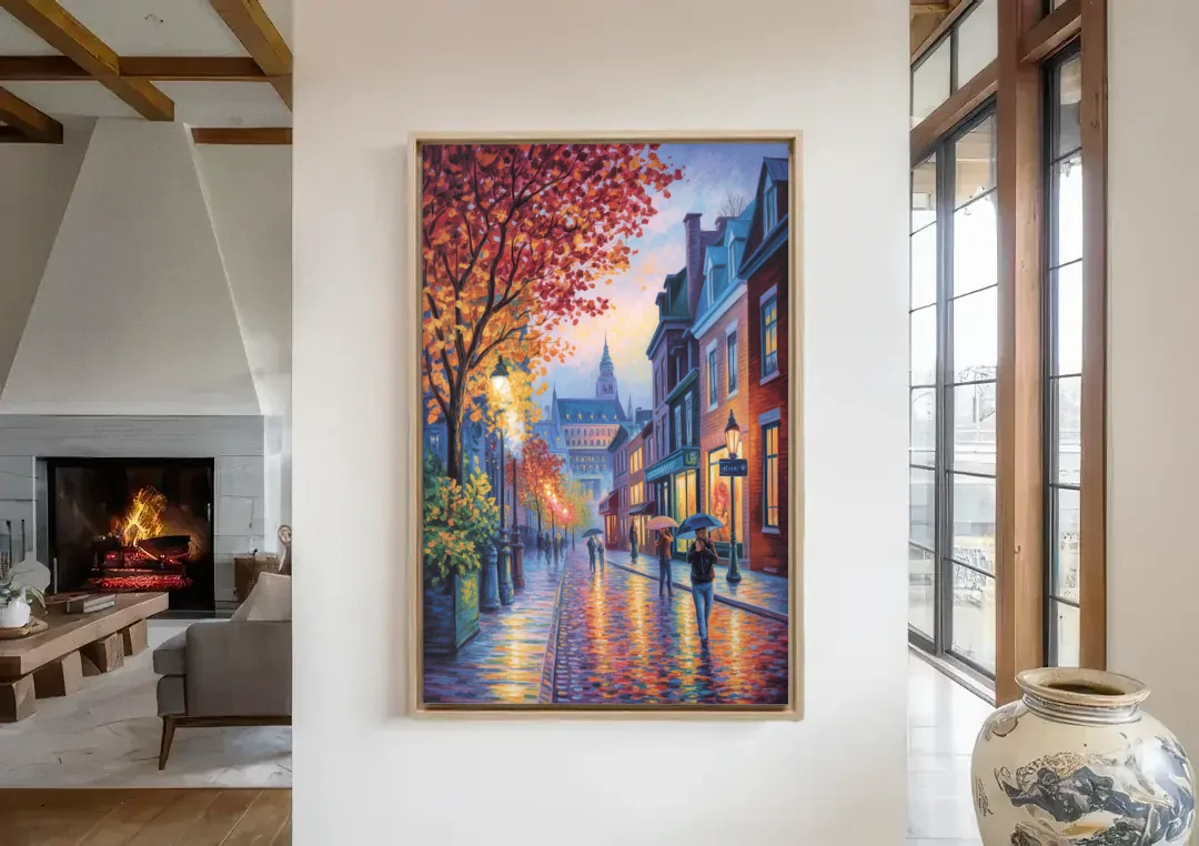 Quebec City in Autumn canvas wall art in a living room with a fireplace