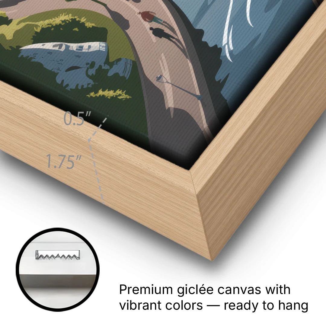 Quebec City Scenic Pathway - Oak Framed Canvas Wall Art - Gallery Wrap Corner