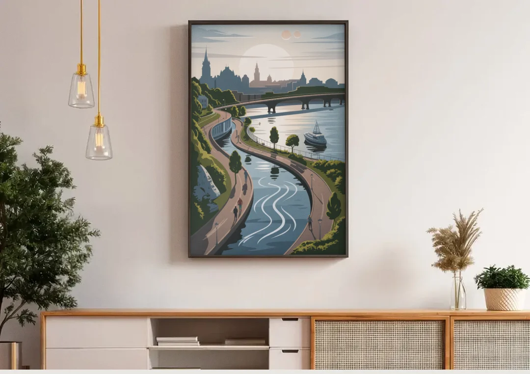 Quebec City Scenic Pathway canvas wall art above a wooden sideboard under pendant lights
