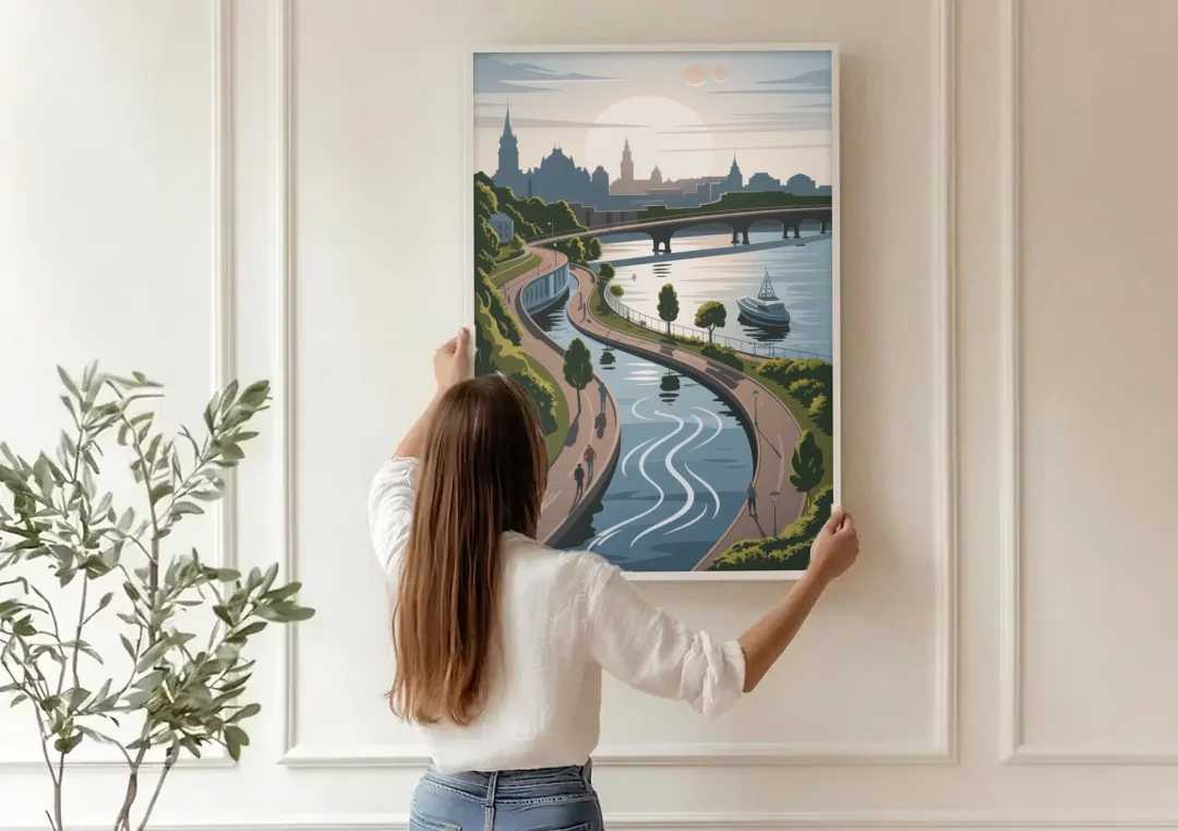 Quebec City Scenic Pathway canvas wall art being hung on a paneled wall