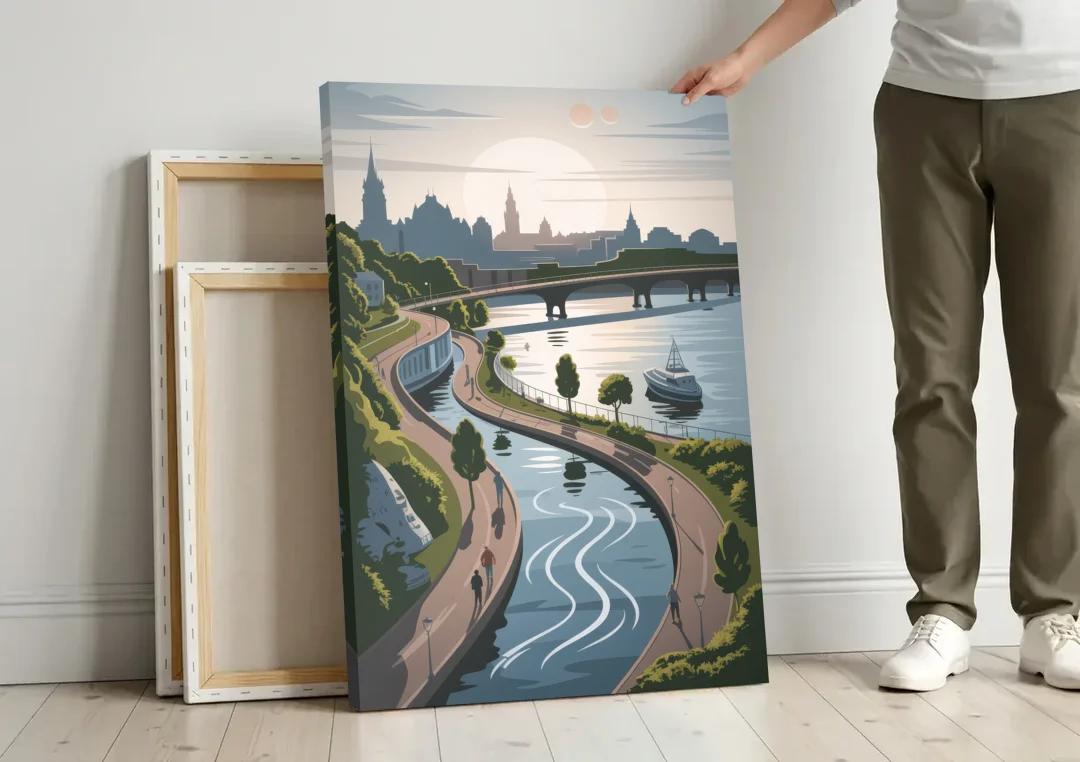 Quebec City Scenic Pathway canvas wall art leaning against a wall next to blank canvases