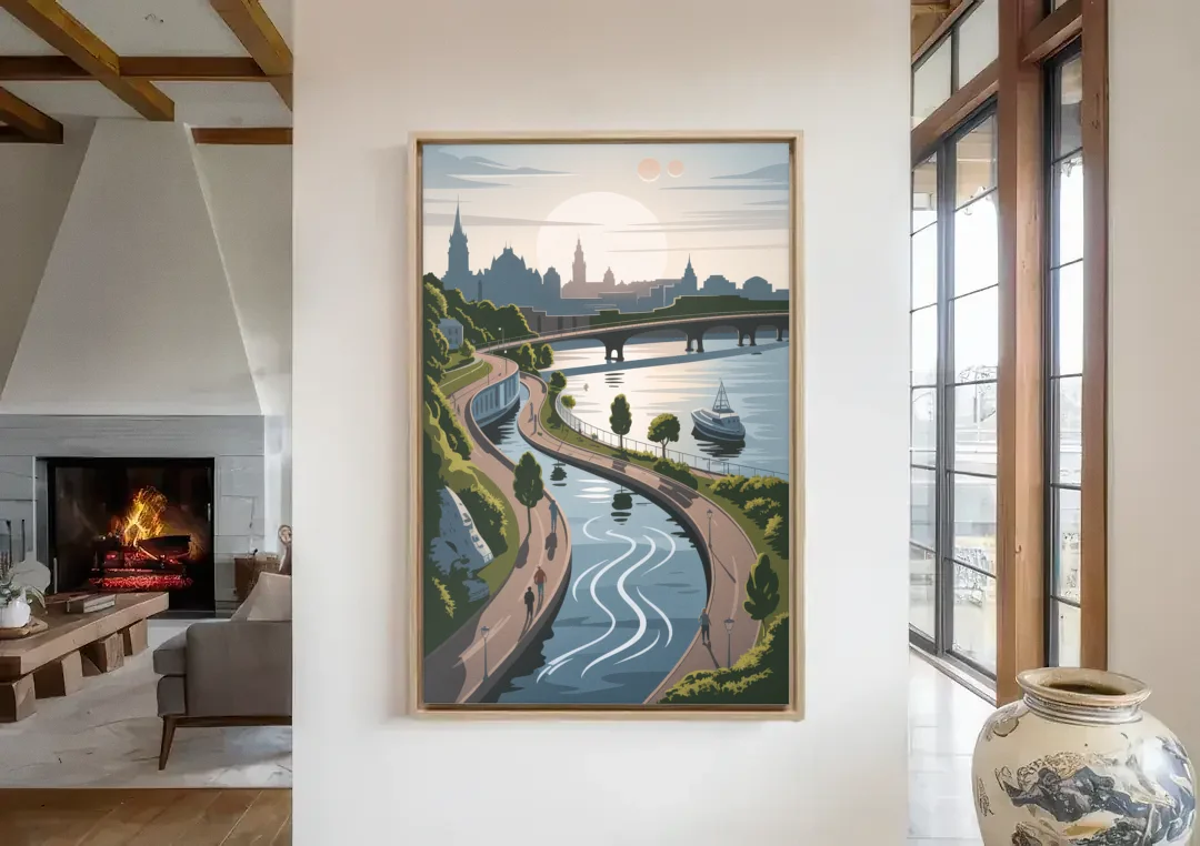 Quebec City Scenic Pathway canvas wall art in a living room with a fireplace