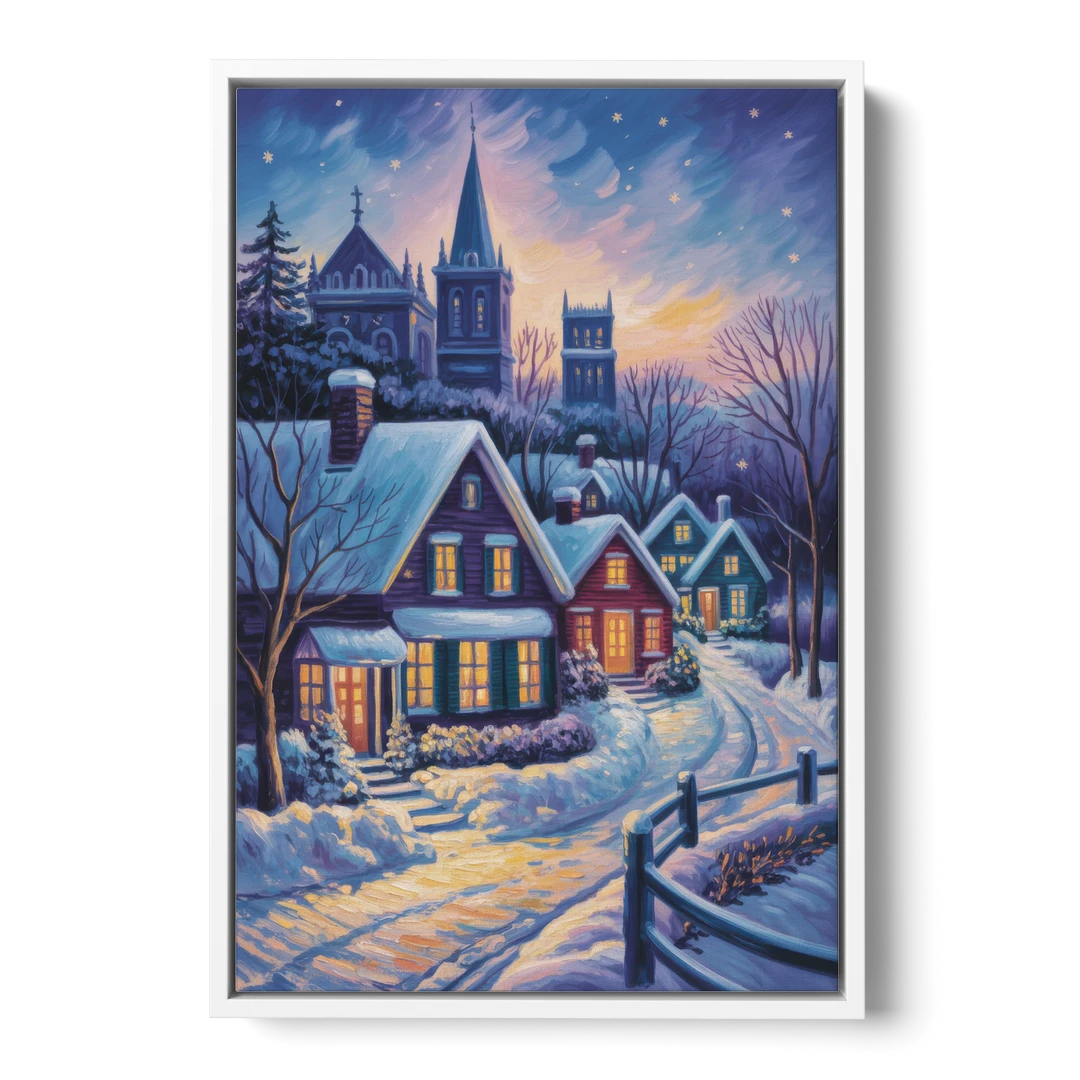 Quebec Snowy Village Scene - White Framed Canvas Wall Art - Front