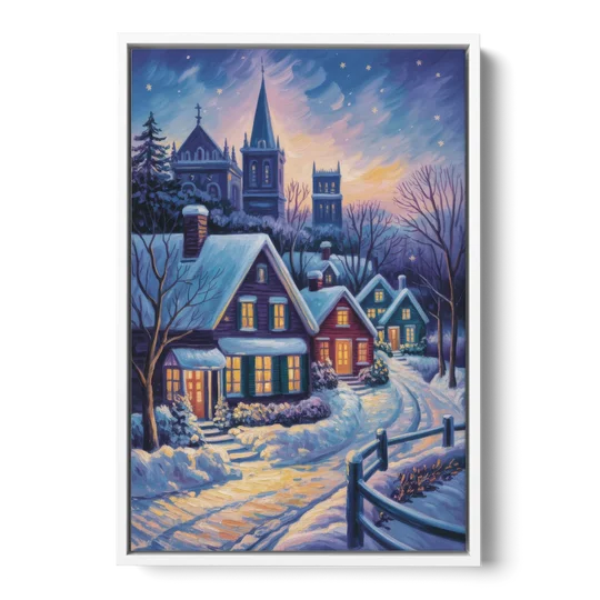 Quebec Snowy Village Scene - White Framed Canvas Wall Art - Front