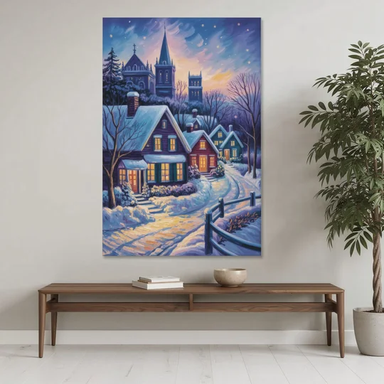 Quebec Snowy Village Scene - Canvas Wall Art - Coffee Table - 40x60
