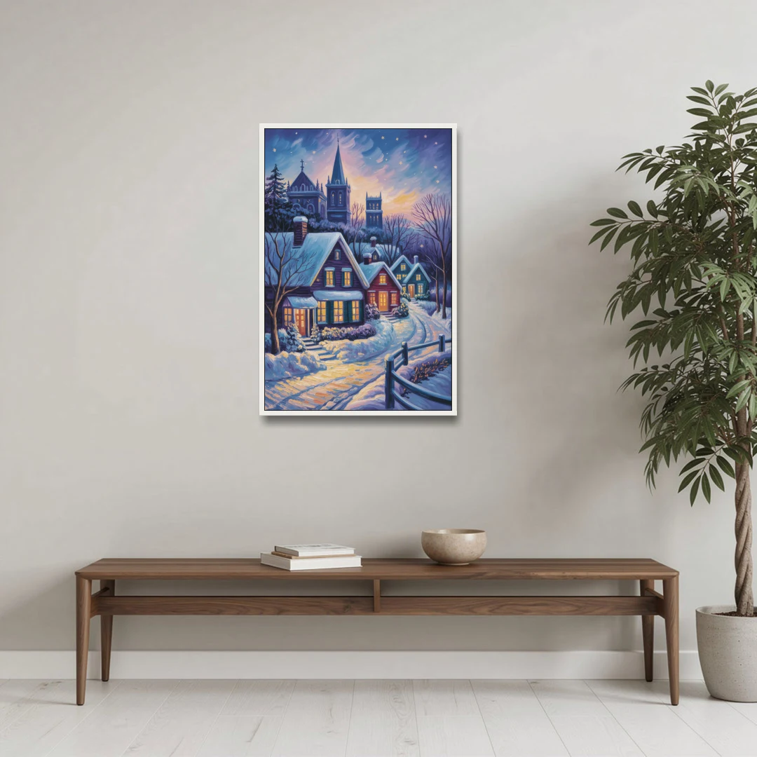 Quebec Snowy Village Scene - White Framed Canvas Wall Art - Coffee Table - 24x36