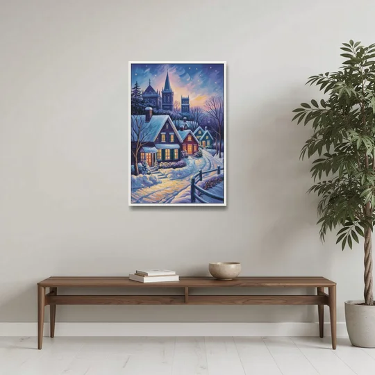 Quebec Snowy Village Scene - White Framed Canvas Wall Art - Coffee Table - 24x36