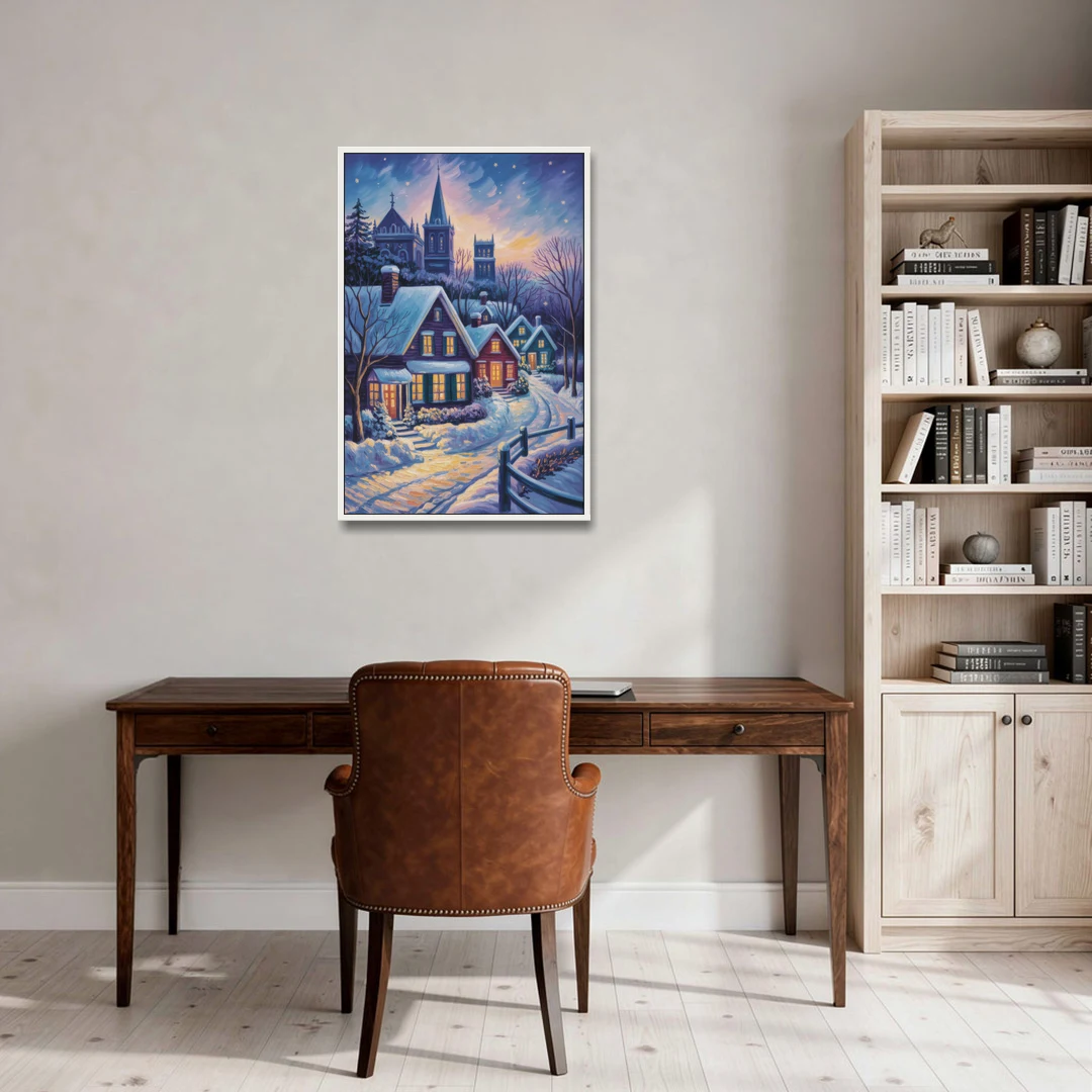 Quebec Snowy Village Scene - White Framed Canvas Wall Art - Office - 24x36