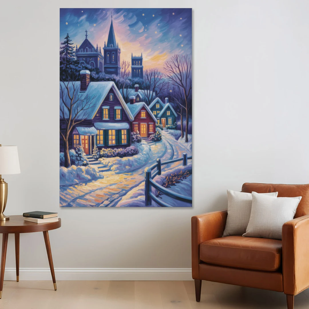 Quebec Snowy Village Scene - Canvas Wall Art - Sofa - 40x60