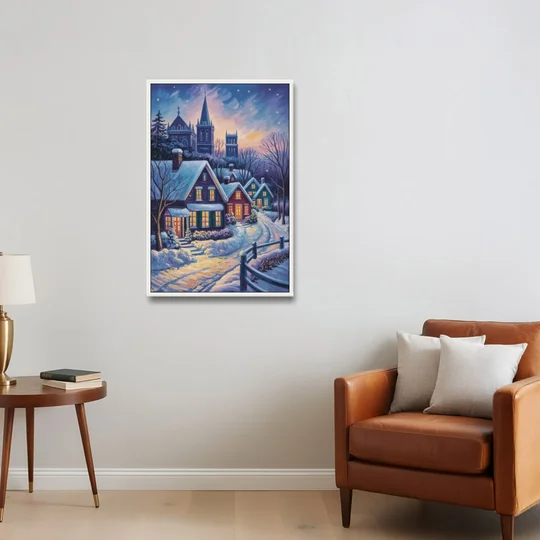 Quebec Snowy Village Scene - White Framed Canvas Wall Art - Sofa - 24x36