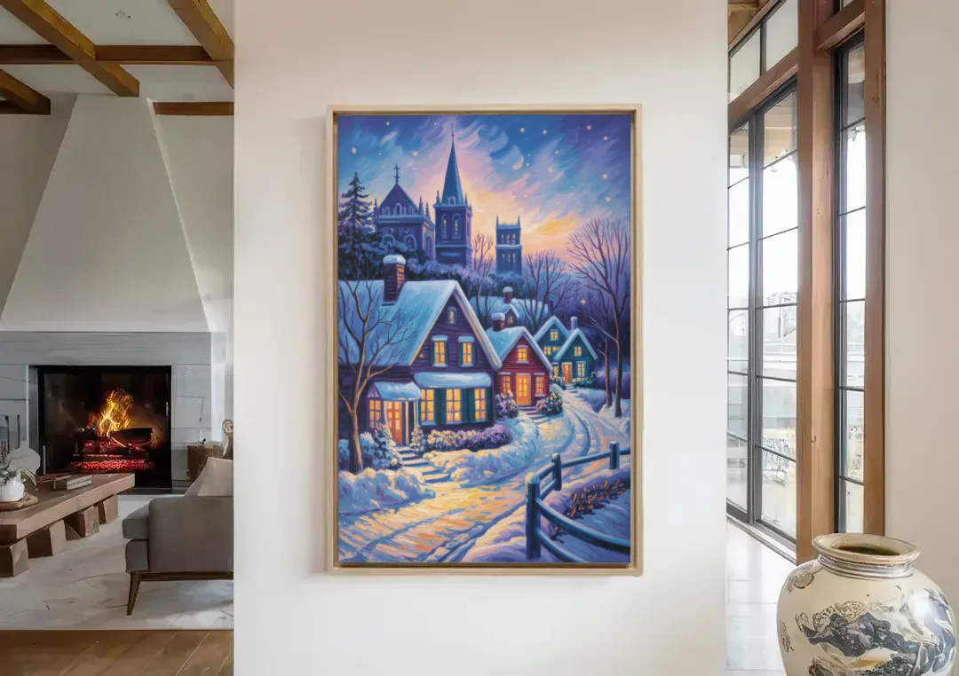 Quebec Snowy Village Scene canvas wall art in a living room with a fireplace