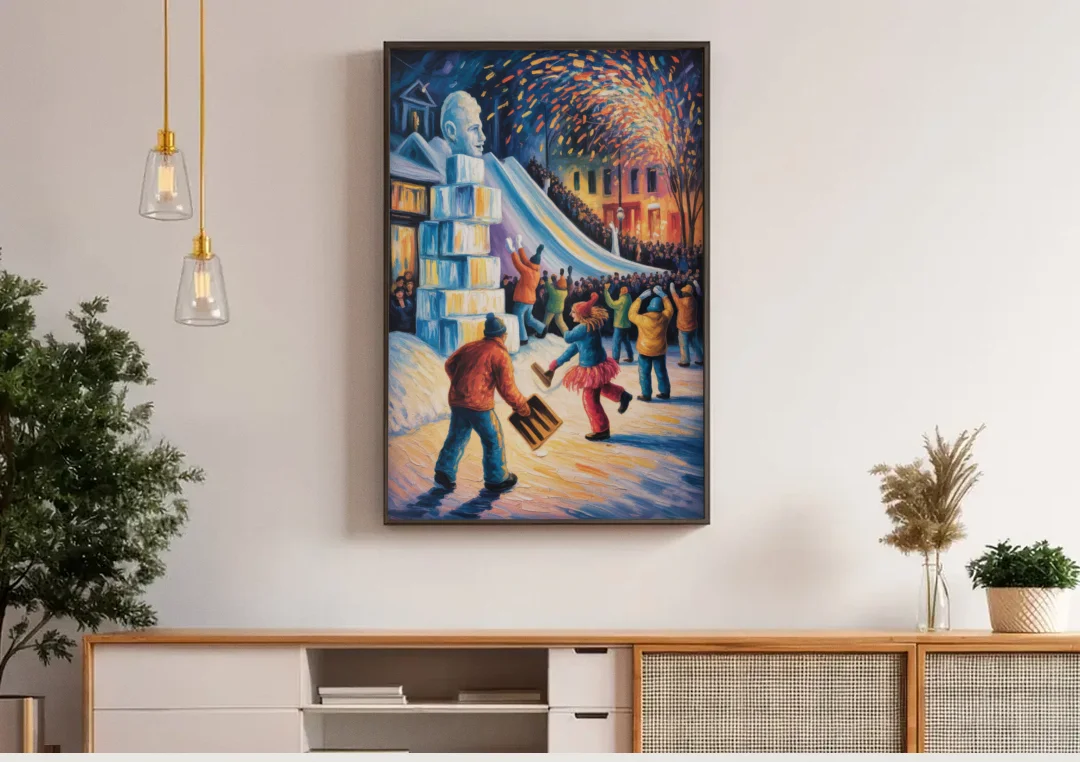 Quebec Winter Carnival canvas wall art above a wooden sideboard under pendant lights