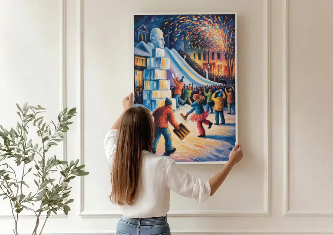Quebec Winter Carnival canvas wall art being hung on a paneled wall