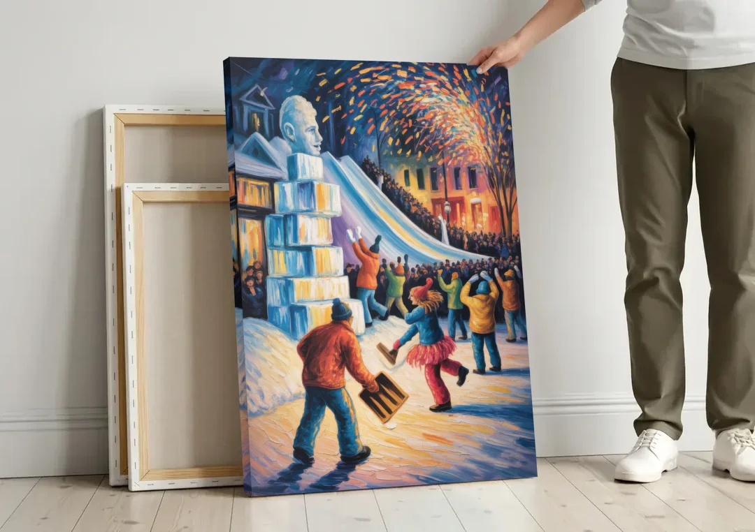 Quebec Winter Carnival canvas wall art leaning against a wall next to blank canvases