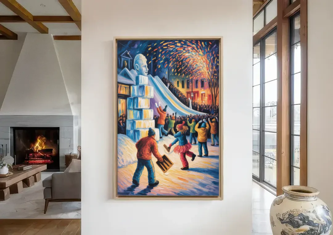 Quebec Winter Carnival canvas wall art in a living room with a fireplace