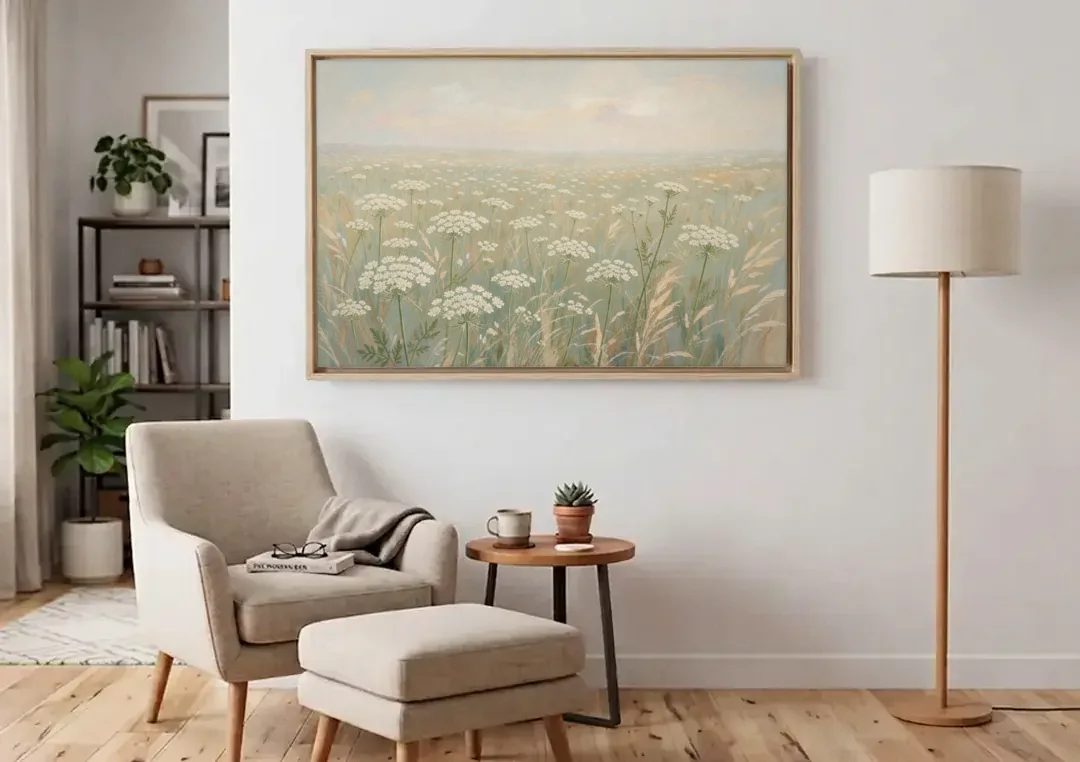 Queen Anne's Lace Art of a Misty Sage Meadow canvas wall art above an armchair in a bright living room