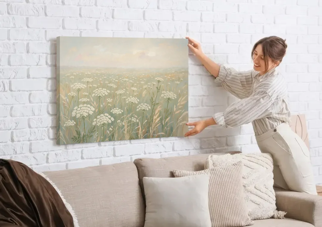 Queen Anne's Lace Art of a Misty Sage Meadow canvas wall art being hung on a white brick wall above a sofa