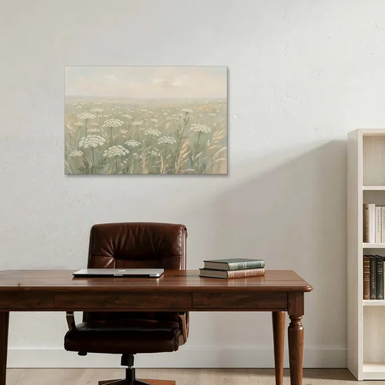 Queen Anne's Lace Art of a Misty Sage Meadow - Canvas Wall Art - Office - 36x24