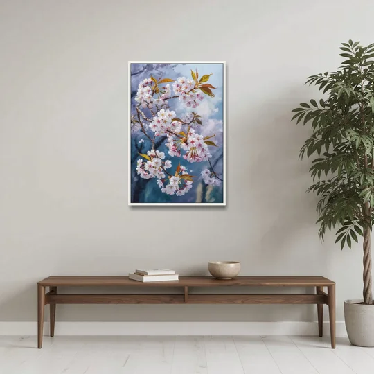 Queen Elizabeth Park Blossoms - White Framed Canvas Wall Art - Coffee Table - 24x36