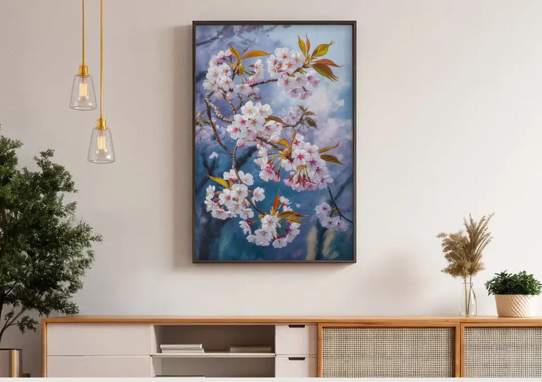 Queen Elizabeth Park Blossoms canvas wall art above a wooden sideboard under pendant lights