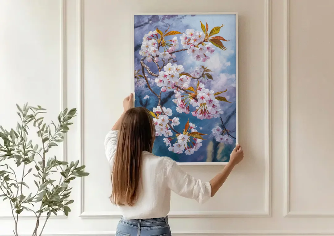 Queen Elizabeth Park Blossoms canvas wall art being hung on a paneled wall
