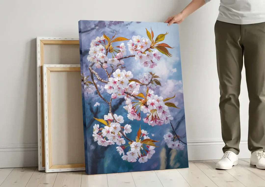 Queen Elizabeth Park Blossoms canvas wall art leaning against a wall next to blank canvases