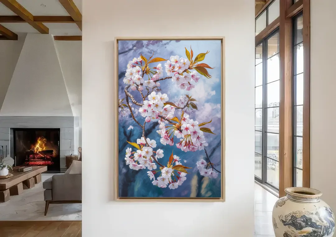 Queen Elizabeth Park Blossoms canvas wall art in a living room with a fireplace
