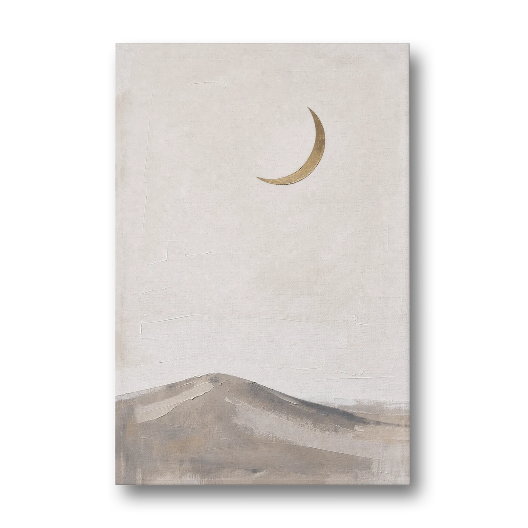 Quiet Luxury Wall Art with a Gold Crescent Moon - Canvas Wall Art - Front