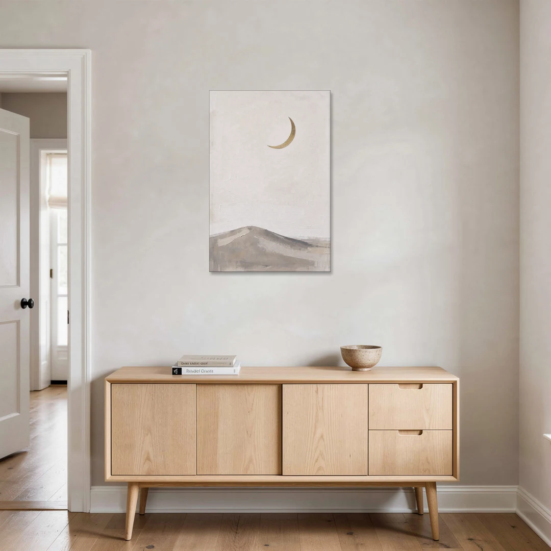 Quiet Luxury Wall Art with a Gold Crescent Moon - Canvas Wall Art - Coffee Table - 24x36