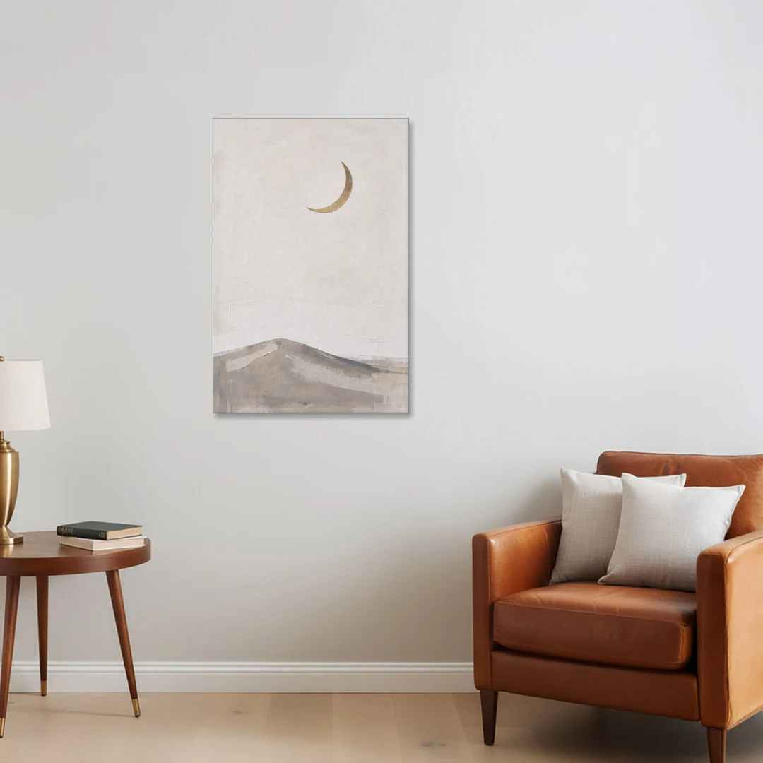 Quiet Luxury Wall Art with a Gold Crescent Moon - Canvas Wall Art - Sofa - 24x36