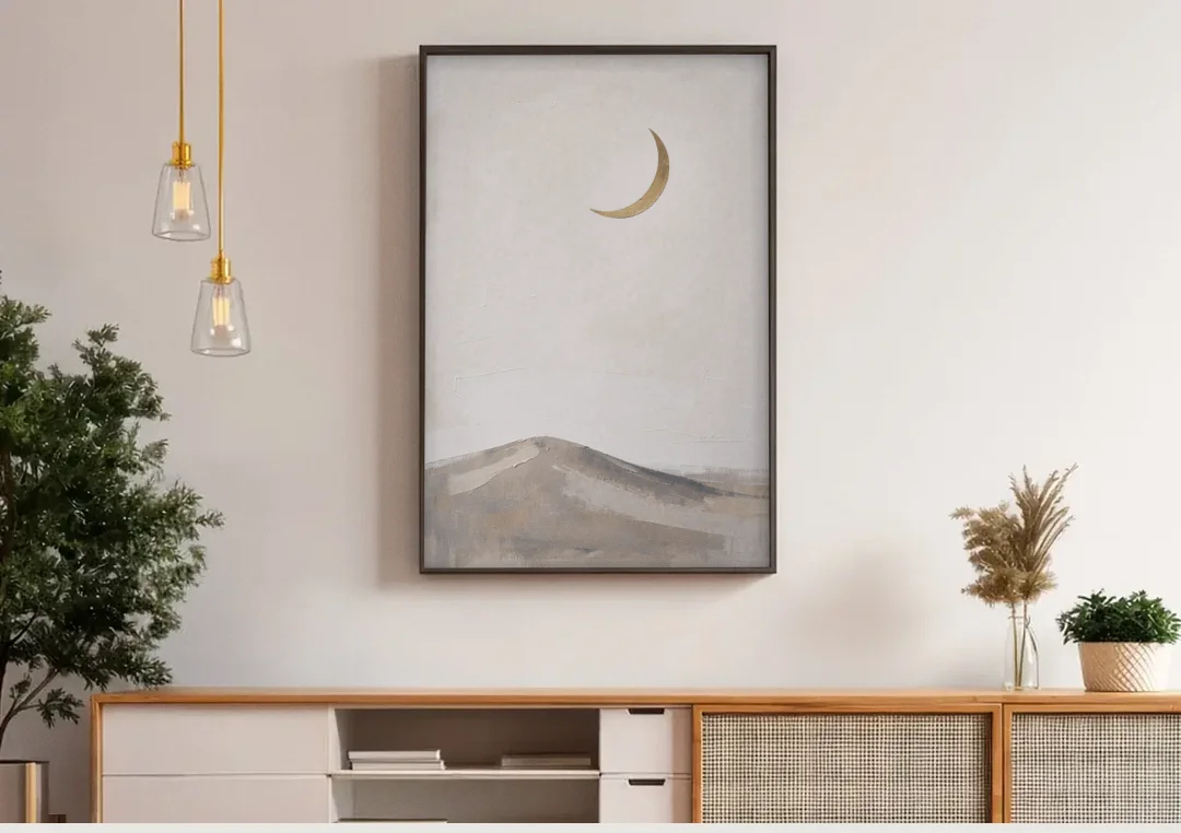 Quiet Luxury Wall Art with a Gold Crescent Moon canvas wall art above a wooden sideboard under pendant lights
