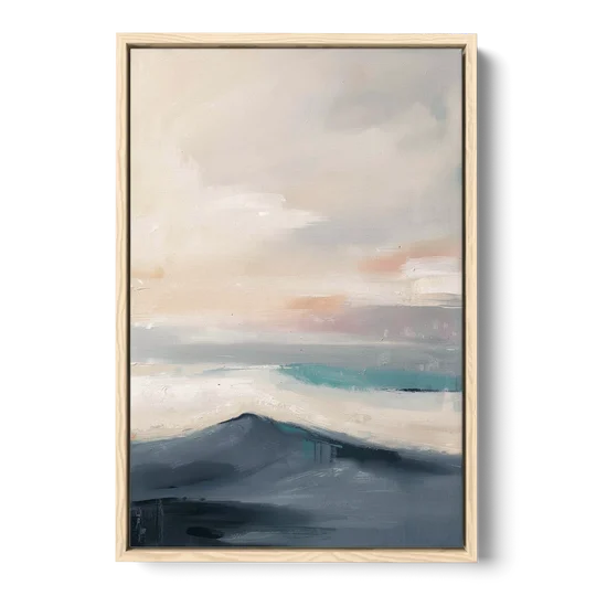 Minimalist Quiet Mountain Ridge with Teal Crest - Oak Framed Canvas Wall Art - Front