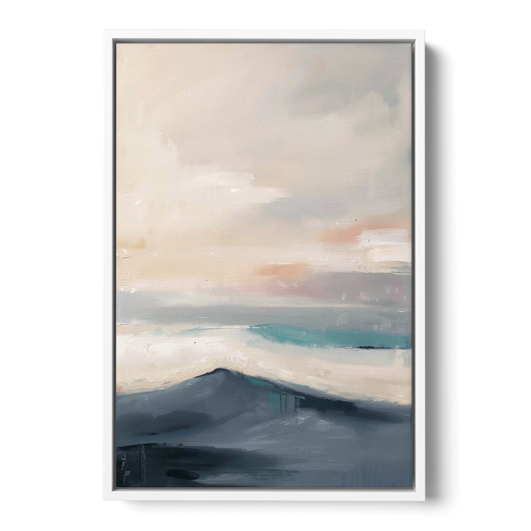 Minimalist Quiet Mountain Ridge with Teal Crest - White Framed Canvas Wall Art - Front