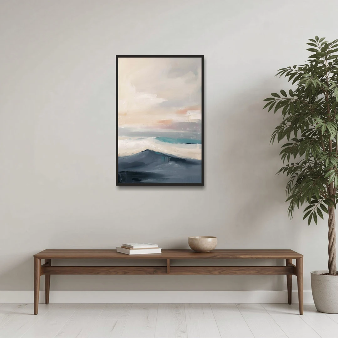 Minimalist Quiet Mountain Ridge with Teal Crest - Black Framed Canvas Wall Art - Coffee Table - 24x36