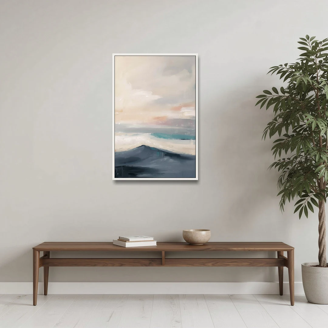 Minimalist Quiet Mountain Ridge with Teal Crest - White Framed Canvas Wall Art - Coffee Table - 24x36