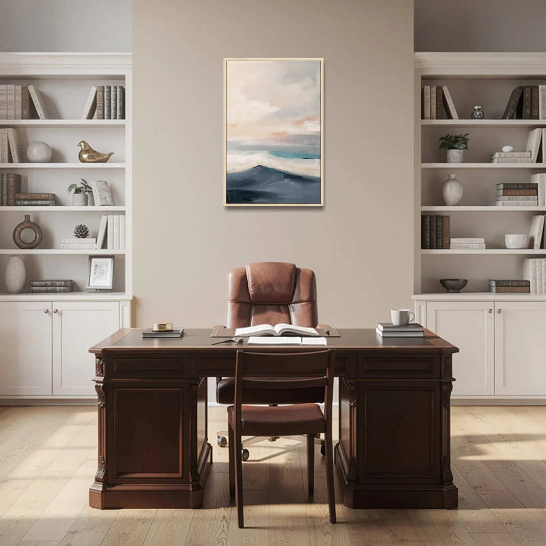 Minimalist Quiet Mountain Ridge with Teal Crest - Oak Framed Canvas Wall Art - Office - 24x36