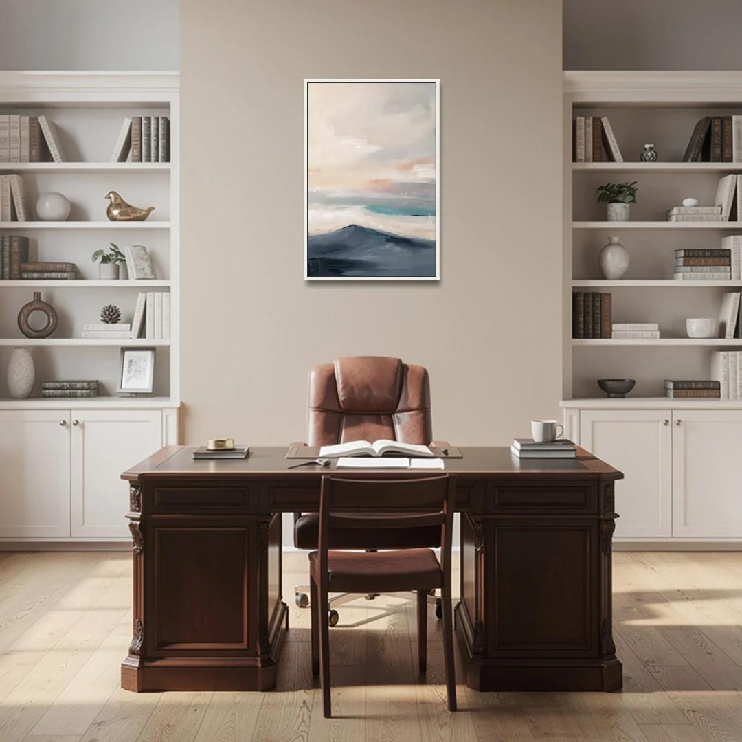 Minimalist Quiet Mountain Ridge with Teal Crest - White Framed Canvas Wall Art - Office - 24x36