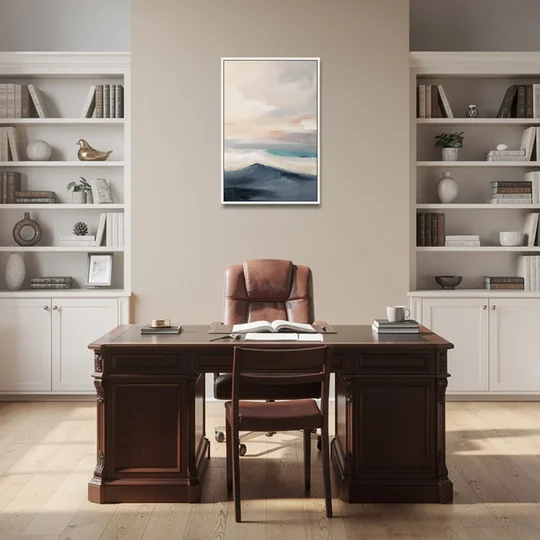 Minimalist Quiet Mountain Ridge with Teal Crest - White Framed Canvas Wall Art - Office - 24x36
