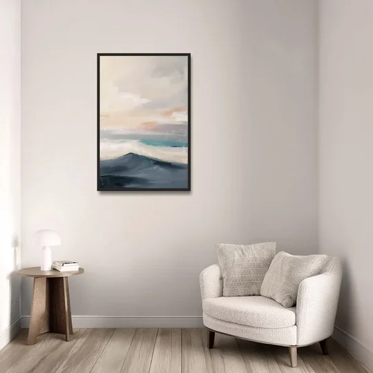 Minimalist Quiet Mountain Ridge with Teal Crest - Black Framed Canvas Wall Art - Sofa - 24x36