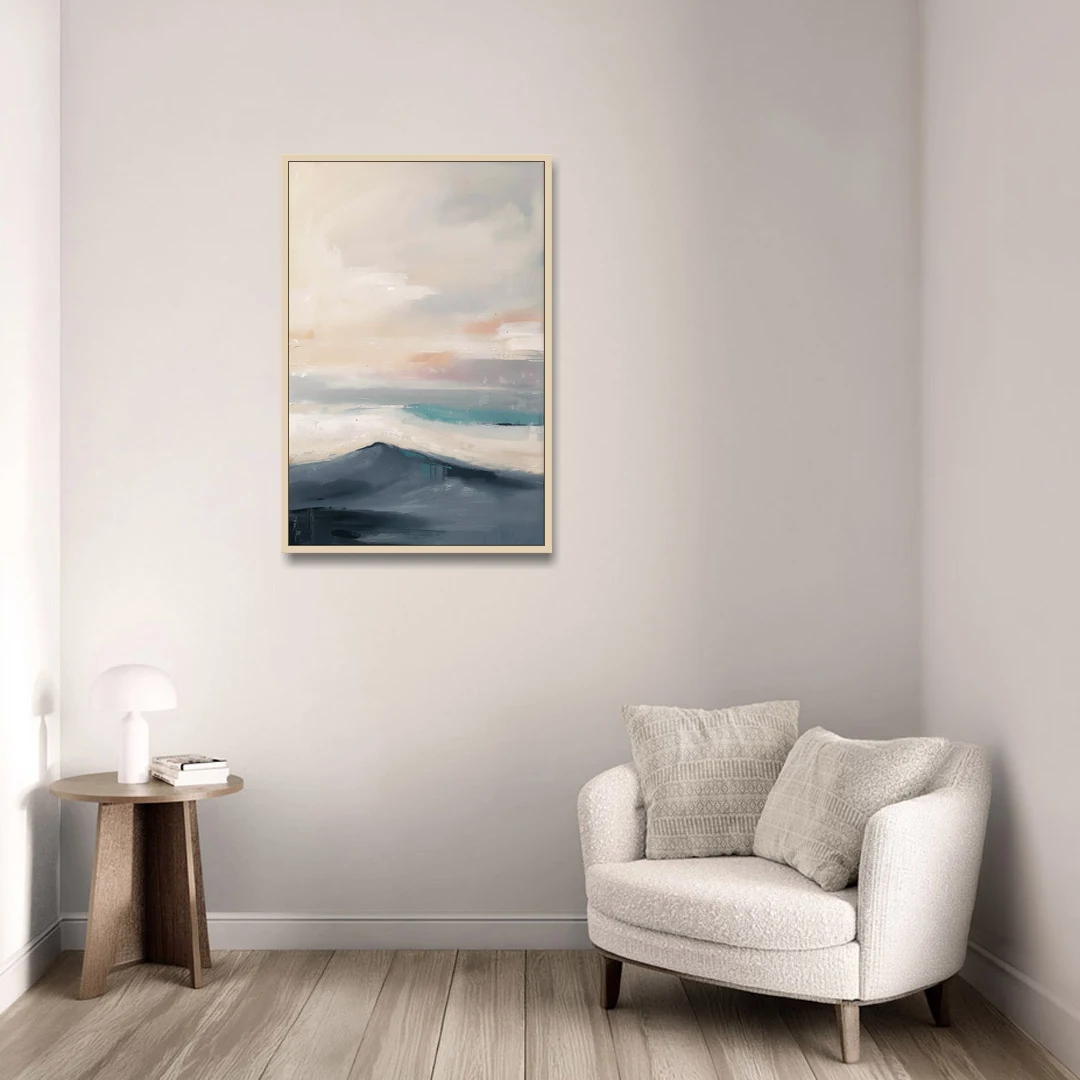Minimalist Quiet Mountain Ridge with Teal Crest - Oak Framed Canvas Wall Art - Sofa - 24x36